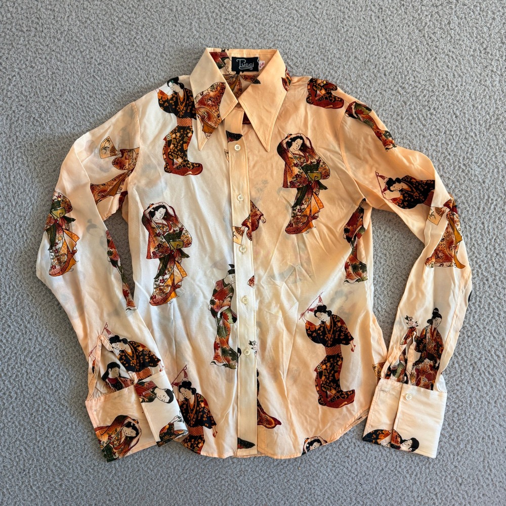 Vintage Disco Button Shirt Geisha Print sz Medium Dagger Peach 70s Blouse